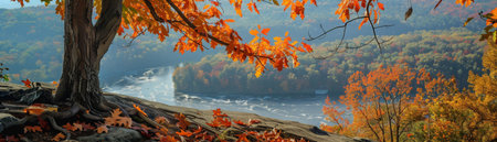 A stunning autumn scene featuring a serene lake surrounded by vibrant, colorful trees under a bright blue sky.の素材