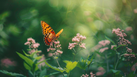 An orange butterfly rests on delicate pink flowers in a sunlit garden, surrounded by lush green foliage, showcasing nature's beauty.の素材