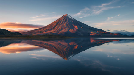 A stunning mountain landscape at sunrise, with the peak reflected perfectly in the calm waters of a tranquil lake.の素材