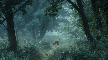 A lone fox sits in a misty forest clearing, surrounded by lush greenery and tall trees, creating a serene and mystical atmosphere.の素材
