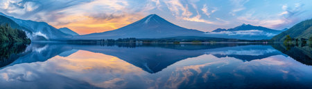 Snowy mountain peaks reflect in a tranquil lake at sunrise, with vibrant colors in the sky creating a stunning natural scene.の素材