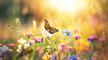 A beautiful butterfly perches on a flower in a sunlit meadow, surrounded by colorful wildflowers and bathed in warm light.の素材