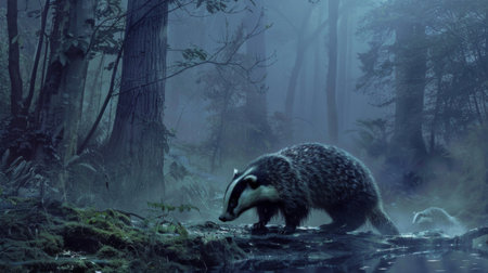 A badger explores a mystical forest at dawn, with ethereal light filtering through the trees, creating a magical atmosphere.の素材