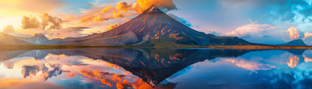Snowy mountain peaks reflect in a tranquil lake at sunrise, with vibrant colors in the sky creating a stunning natural scene.の素材