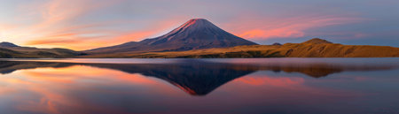 Snowy mountain peaks reflect in a tranquil lake at sunrise, with vibrant colors in the sky creating a stunning natural scene.の素材