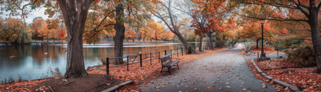Picturesque autumn pathway beside a tranquil lakeside park, surrounded by vibrant fall foliage and a calm water scene.の素材