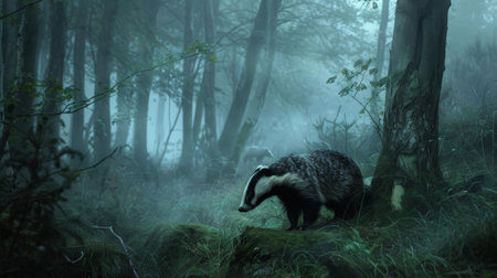 A badger explores a mystical forest at dawn, with ethereal light filtering through the trees, creating a magical atmosphere.の素材