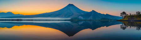 Snowy mountain peaks reflect in a tranquil lake at sunrise, with vibrant colors in the sky creating a stunning natural scene.の素材