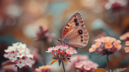 A beautiful brown butterfly with intricate patterns on its wings rests on delicate pink flowers in a garden setting.の素材
