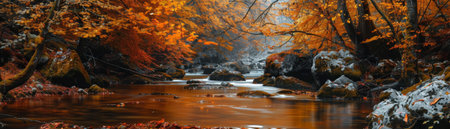 Picturesque autumn forest scene with a serene stream, surrounded by vibrant red and orange foliage and large rocks.の素材