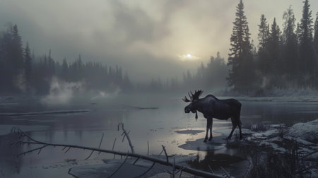 Moose standing in a frosty forest beside a misty river during early morning, creating a serene and cold wilderness scene.の素材