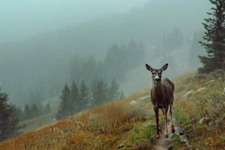 A solitary deer standing on a trail in a rainy mountain meadow, surrounded by misty trees and vibrant grasses.の素材