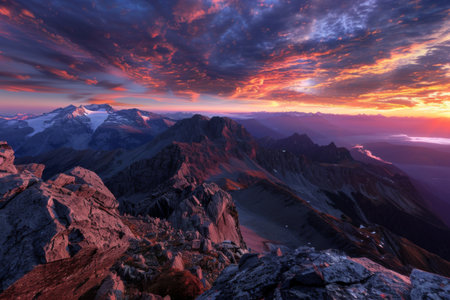 A stunning sunset casts vibrant colors over a rugged mountain range, illuminating rocky peaks and valleys under a dramatic sky.の素材
