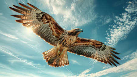 A hawk soars gracefully through a sunlit sky, wings fully extended, with clouds in the background and sunlight illuminating its feathers.の素材
