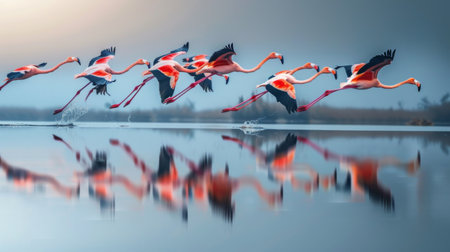 A flock of flamingos gracefully takes flight over a calm body of water, reflecting their vibrant colors and elegant movement.の素材