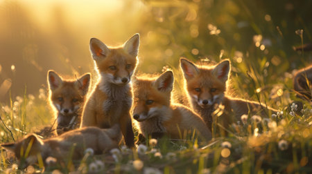 A group of young foxes curiously exploring a sunlit meadow, surrounded by soft-focus wildflowers and golden light.の素材