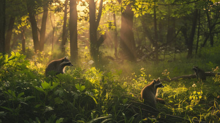 A group of raccoons are playing in the woods. The sun is shining brightly, casting a warm glow on the scene. The raccoons are scattered throughout the forest, with some sitting on the groundの素材