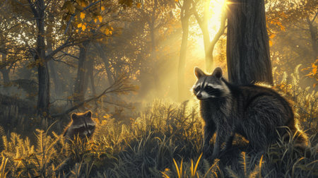 A group of raccoons are playing in the woods. The sun is shining brightly, casting a warm glow on the scene. The raccoons are scattered throughout the forest, with some sitting on the groundの素材