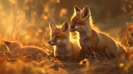 A group of young foxes curiously exploring a sunlit meadow, surrounded by soft-focus wildflowers and golden light.の素材