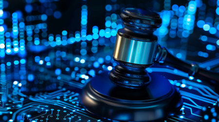 A gavel placed on a circuit board, symbolizing the intersection of digital law, cybersecurity, and technology regulations.の素材
