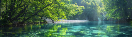 A serene river flowing through a lush green forest, illuminated by sunlight filtering through the dense foliage.の素材