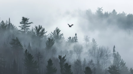 A bird flies through a foggy forest. The sky is overcast and the trees are tall and dense. The bird is the only thing visible in the image, soaring through the misty airの素材