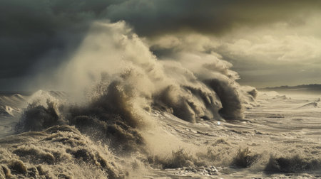 A large wave crashing onto the shore, with the water reaching up to the sky. Scene is powerful and dramatic, as the force of the wave is evident in the height of the waterの素材
