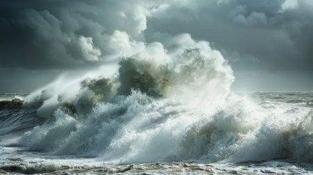 A stormy ocean with large waves crashing against the shore. The sky is dark and cloudy, creating a moody and dramatic atmosphereの素材