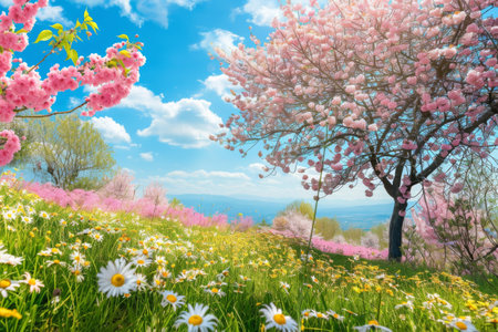 A beautiful field of flowers with a tree in the background. The sky is blue and the sun is shiningの素材