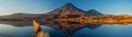 A mountain with a foggy mist rising from it. The mountain is in the background and the water is in the foregroundの素材