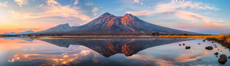A mountain range is reflected in the water. The sky is orange and pink. The mountains are in the backgroundの素材