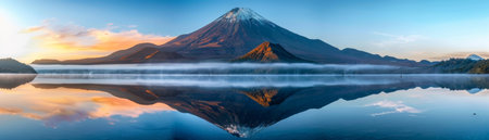 A mountain range is reflected in the water. The sky is orange and pink. The mountains are in the backgroundの素材