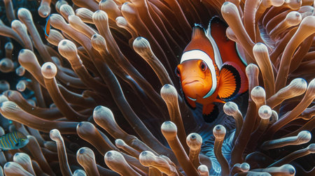 A small orange and white fish is swimming in a sea of purple and orange coral. Beautiful Natural Landscapeの素材