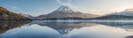 A mountain range is reflected in the water of a lake. The sky is clear and the sun is low in the skyの素材