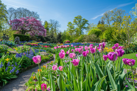 A walkway in a garden with a variety of flowers, including tulips and daffodils. Beautiful Natural Landscapeの素材