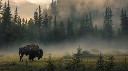 A buffalo is walking through a forest with foggy trees. The scene is serene and peaceful, with the buffalo being the main focus of the imageの素材