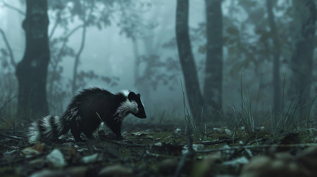 A skunk foraging on the misty forest floor in autumn, surrounded by fallen leaves and trees, creating a mysterious atmosphere.の素材