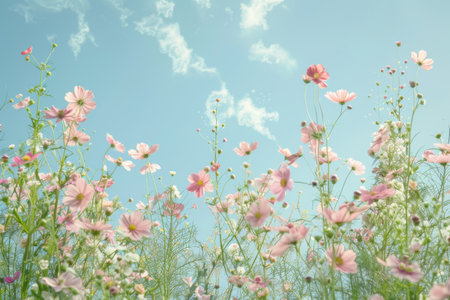 A field of flowers with a blue sky in the background. The flowers are pink and yellowの素材