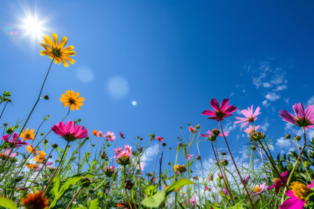 A field of flowers with a blue sky in the background. The flowers are of various colors and sizes, creating a vibrant and lively scene. Scene is cheerful and upliftingの素材