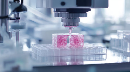 A pink object is being created in a lab. The lab is filled with various scientific equipment and toolsの素材