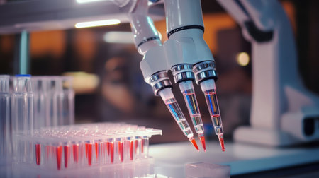 A microscope is being used to examine a blood sample. The blood is red and the microscope is focused on itの素材