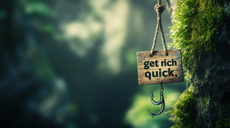 A sign hanging from a tree that says Get Rich Quick. The sign is hanging from a rope and is surrounded by mossの素材