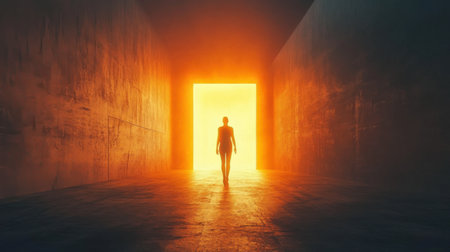 A person is walking through a dark tunnel with a light shining through the doorway. The scene is mysterious and eerie, with the person's silhouette standing out against the bright lightの素材