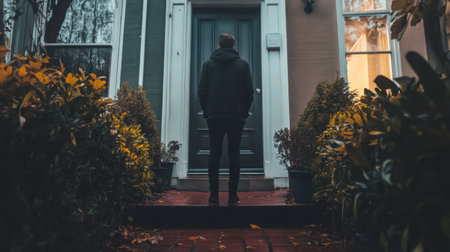 A man stands in front of a white door, looking out into the street. The scene is set in a residential area with a brick walkway and a row of potted plants. The man is waiting for someone or somethingの素材