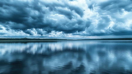 A cloudy sky over a lake with trees in the background. The water is calm and still, reflecting the sky and trees. Scene is serene and peaceful, with the calm waterの素材