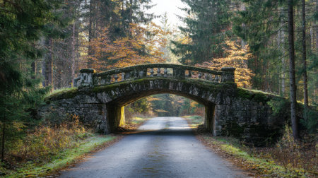 A bridge over a road with trees in the background. The bridge is old and has moss growing on itの素材