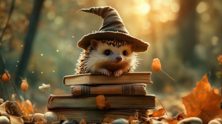 A small hedgehog wearing a wizard hat sits on top of a stack of books. The scene is whimsical and playful, with the hedgehog appearing to be a character from a storybookの素材