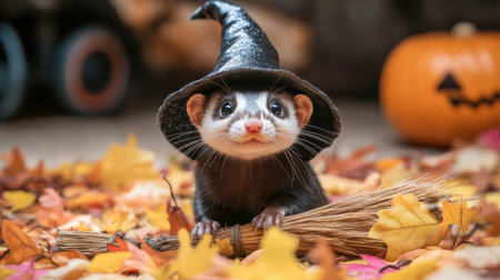 A small ferret wearing a black hat is standing on a pile of leaves. The leaves are orange and yellow, and the ferret is surrounded by pumpkins. The scene has a playful and whimsical moodの素材