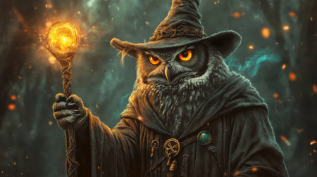 A wizard owl is holding a staff and wearing a black robe. The image has a dark and mysterious moodの素材
