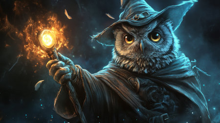 A cartoon owl is holding a wand and wearing a black robe. The owl is looking at the camera with a mischievous expression. The image has a playful and whimsical moodの素材